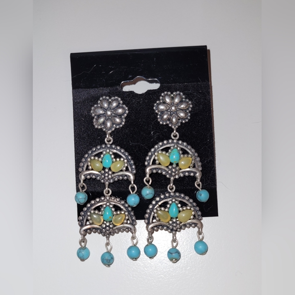 Beautiful Southwestern Turquoise & Citrine Sterling Silver Chandelier Earrings